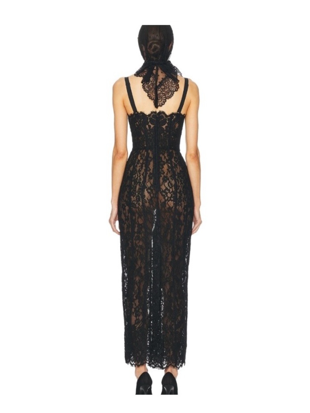 Black Lace Helsa Midi Dress with Spaghetti Straps - Picture 2 of 4